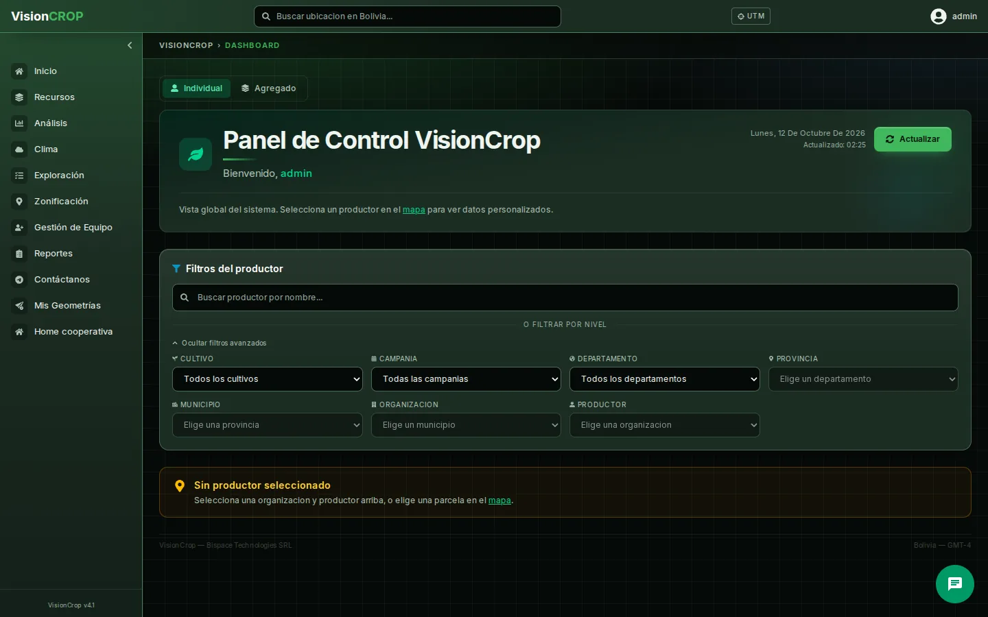 Pantalla de VisionCrop, una de nuestras plataformas en funcionamiento